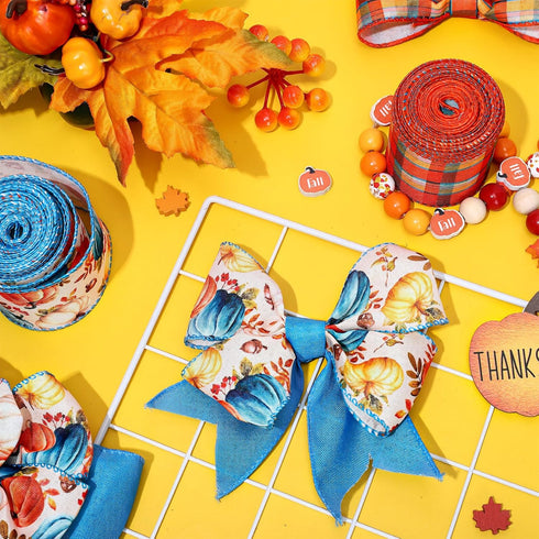 3 Roll Fall Wired Edge Ribbon 30 Yards 2.5 Inch Blue Orange Autumn Thanksgiving Pumpkin Buffalo Plaids Ribbon for Bow Wreath Craft Gift Wrap Farmh...