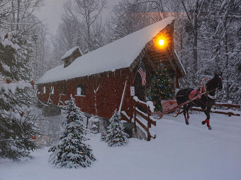 BANBERRY DESIGNS Lighted Christmas Wall Art - LED Red Covered Bridge and Horse Christmas Picture - Fiber Optic Lights in a Canvas Print with a Win...