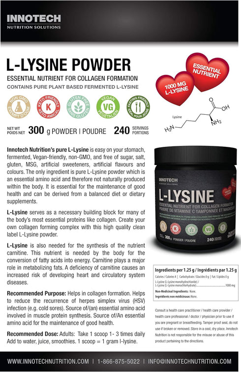 INNOTECH Nutrition L-Lysine Powder 300 g (Pure L-Lysine)...