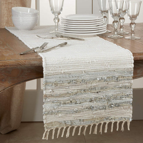"SARO LIFESTYLE Les Fêtes Collection Striped Leather Chindi Table Runner, 16"" x 72"", Silver" (3336.S1672B)...