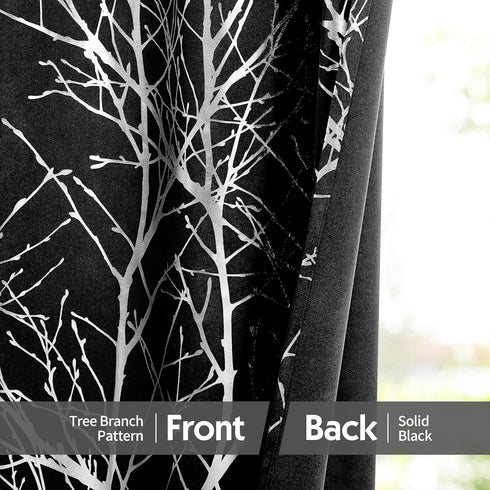 FMFUNCTEX 100% Blackout Valance for Kitchen Bathroom, Silver on Black Kitchen Window Valances 18 Inch Tree Branch Print Valance Curtains for Livin...