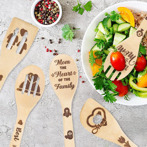 5Pcs Mother's Day Wooden Spoons Utensils Set, Non-Stick Cooking Utensils Carve Burned Bamboo Spoons Spatula Kitchen Cookware Gadget Decor Kit Moth...