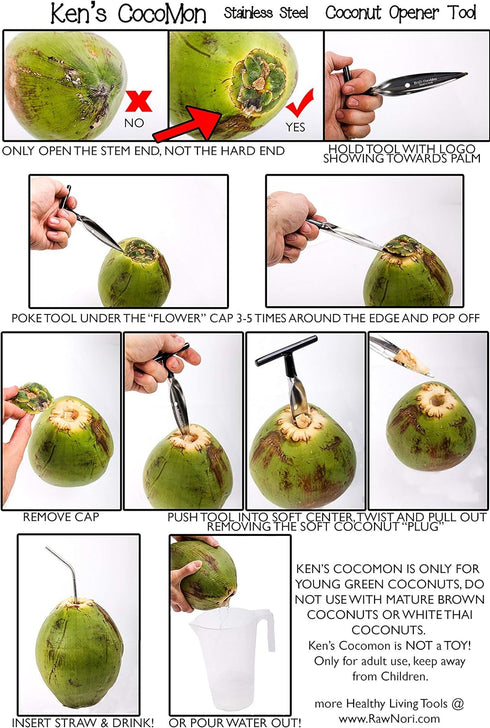 2 qty - Ken's CocoMon Coconut Opener Tool for Fresh GREEN Young Fruit Black Rubber Handle EZ Easy Grip SAFE (2 CocoMons)...
