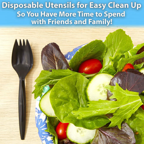 BPA-Free Black Disposable Sporks 100 Pk. Recyclable, Eco-Friendly and Kid-Safe 2-in-1 Utensils Built Strong to Last Large Meals. Great for School ...