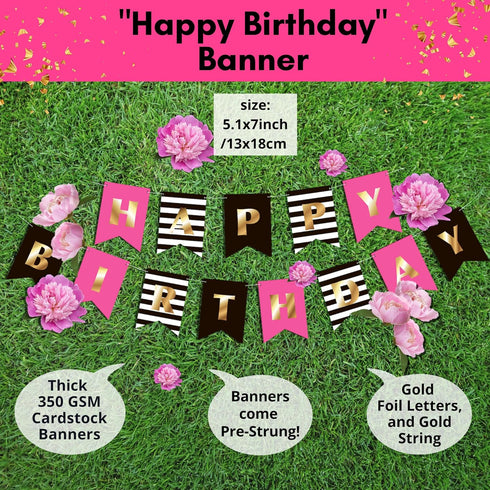 Hot Pink and Black Birthday Decorations for Women, Hot Pink and Black Party Decorations - Happy Birthday Banner Garland, Paper Decor, Balloons, Ca...