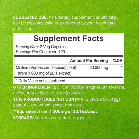 DEAL SUPPLEMENT Mullein Leaf Extract 20,000mg, 240 Veggie Capsules – 4 Month Supply – Natural Lung Detox Herbal Supplement – Supports Respiratory ...