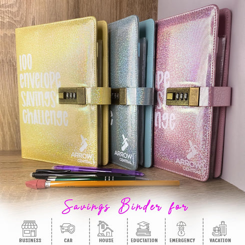 100 Envelopes Money Savings Challenge, A5 Budget Binder with Cash Envelopes and Combination Lock, Sparkling Leather Book to Save $5,050, Secure Bi...