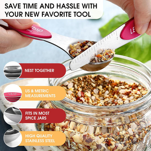 Spring Chef Pink Stainless Steel Magnetic Measuring Spoons Set of 8 with Leveler, Dual Sided Teaspoon & Tablespoon Measuring Set for Dry and Liqui...