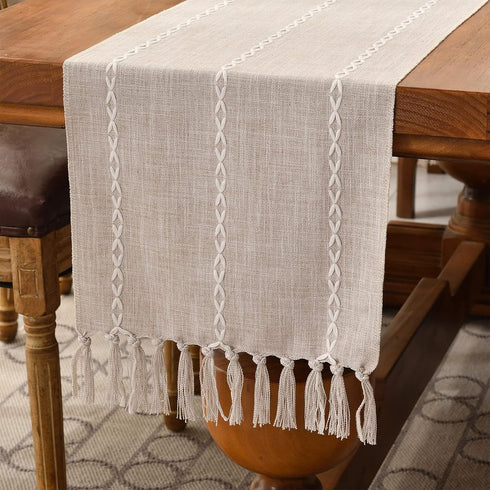 Wracra Rustic Linen Table Runner Farmhouse Style Table Runners 72 inches Long Embroidered Fall Table Runner with Hand-Tassels for Party, Dresser a...