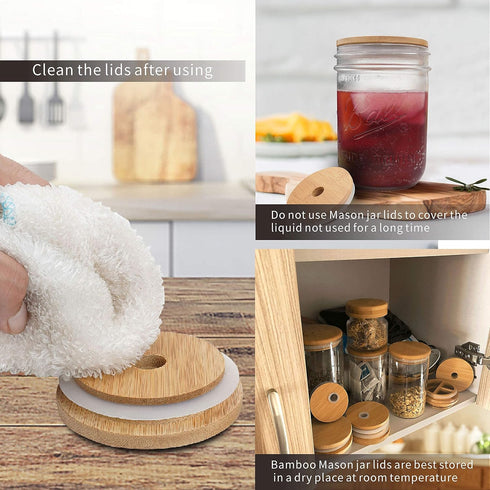 Mason Jar Lids With Straw - Reusable Bamboo Wide Mouth Tumbler Tops, 2 Packs With 2 Stainless Steel Straws...