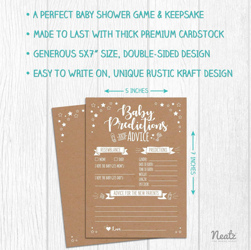 Neatz 50 Rustic Baby Shower Prediction and Advice Cards - Gender Neutral Boy or Girl, Baby Shower Games...