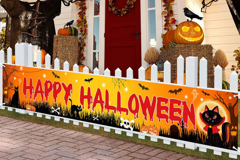 Halloween Black Cat Yard Decor Banner, Happy Halloween Black Cat Yard Sign Outside Banner Decorations for Outdoor Yard Fence, Scary Cat Halloween ...