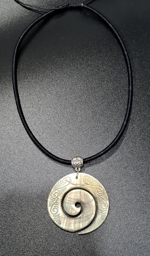 Hand Carved Maori Mother of Pearl Shell Koru Peace Pendant 16 to 27 inches Adjustable Cord necklace Handmade Jewelry CA239-N...