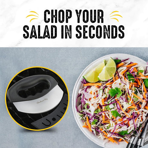 Checkered Chef Salad Chopper Tool with Cover, Mezzaluna Knife Stainless Steel Vegetable Rocker, Mincer, Cutter...