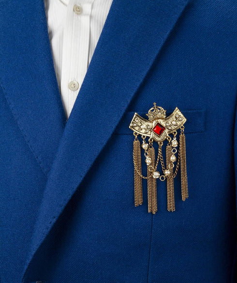 Knighthood Brooch Pin Maroon Crowned Stone with Hanging Chains and Pearl Brooch Suit Stud Lapel Pin...