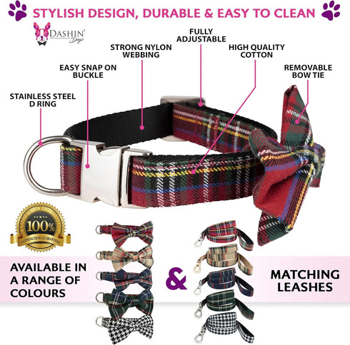Dashin' Dogz Large Blue Bowtie Dog Collar with Detachable Bow Tie for Girl or Boy Dogs Comfortable Plaid Pattern, Fully Adjustable, Great Pet Gift...