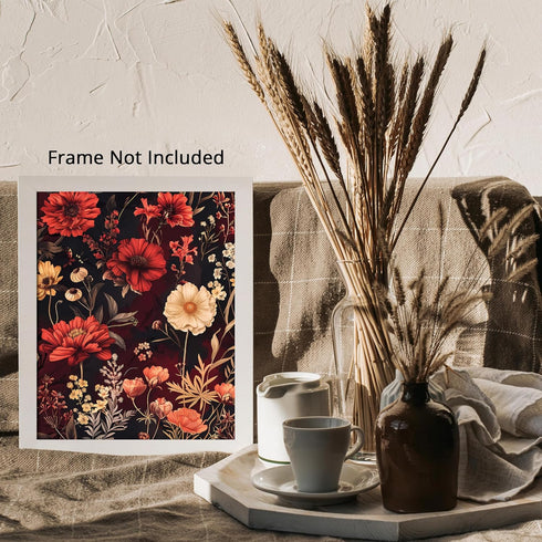 Posterizer 1 pcs-vibrant coral red , beige flowers-red background-Floral & Botanical Art-Abstract & Modern Art-Decor for Home & Office- UNFRAMED W...