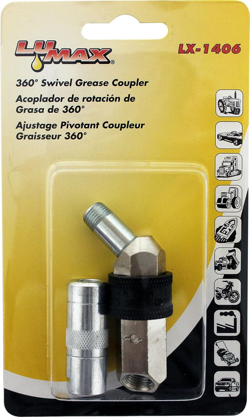 LUMAX LX-1406 Silver 360 Degree Swivel Grease Coupler. Swivels in a Full 360 Degree Circle and Locks in Place. 45 Degree Angle Gives Easy Access t...
