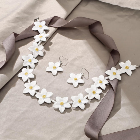 EVER FAITH Flower Jewelry Sets for Women, Dainty Enamel Faux Pearl Bead Wedding Party Choker Necklace Hook Earrings Set Summer Beach Accessories f...