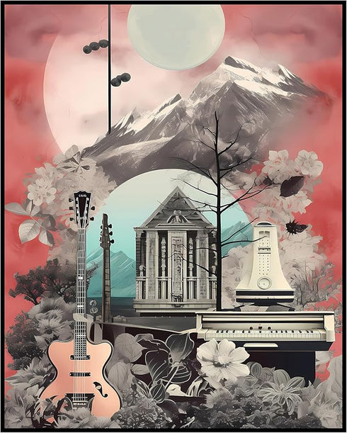 Posterizer 1 pcs-retro collage with music instrumets , landscapes-Retro Art-Abstract & Modern Art-Gift for Art Lovers- UNFRAMED Wall Art...