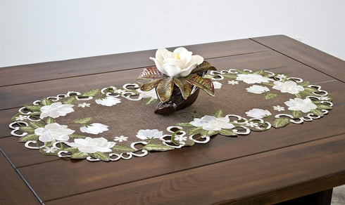 Beautiful White Magnolia Floral Design and Green Leaves Embroidered Cutwork Edges on Brown Polyester Linen Table Runner, Table Centerpiece, Dresse...