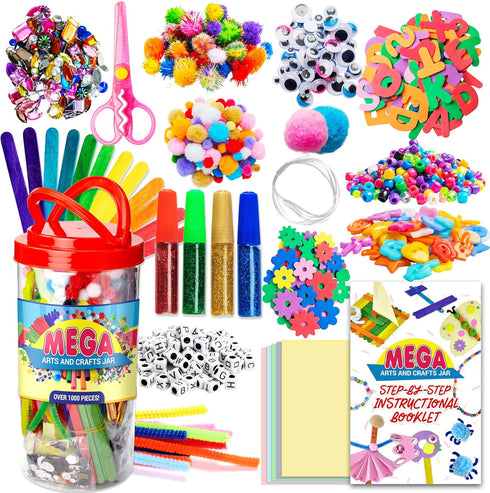 Mega Kids Crafts and Art Supplies Jar Kit - 1000+ Piece Set - Instructional Booklet Included - Glitter Glue, Construction Paper, Colored Popsicle ...