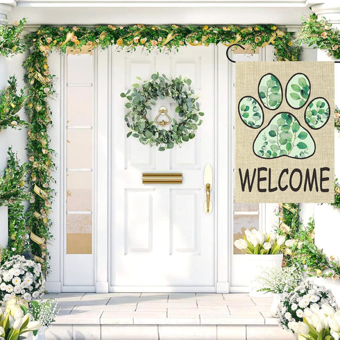 WATINC Paw Print Garden Flag - Spring Summer Eucalyptus Leaf Welcome Linen Garden Flag, 12 x 18 Inch Double Sided Seasonal Holiday Farmhouse Yard ...