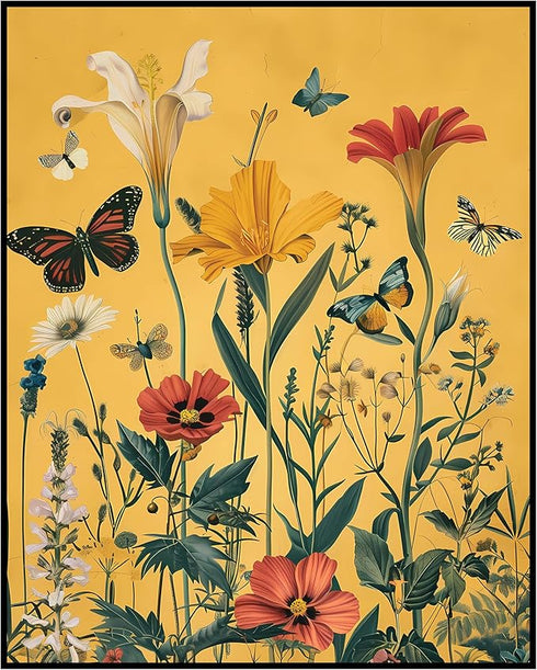 Posterizer 1 pcs-flowers and butterflies with yellow background-Floral & Botanical Art-Abstract & Modern Art-Decor for Home & Office- UNFRAMED Wal...