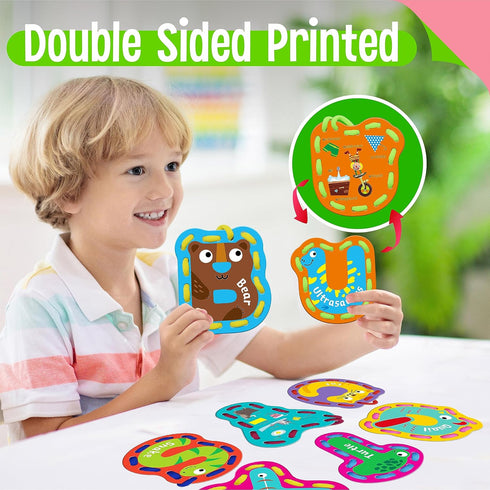 26PCS Kids Lacing Cards, 26 Double Sided Uppercase Sewing Cards with 26 Colorful Laces, Imagination Development Lacing Toys Games for Children Edu...