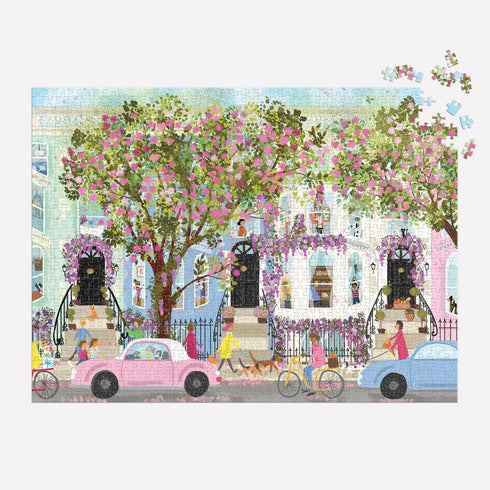 Galison Spring Terrace – 1000 Piece Joy Laforme Puzzle Featuring a Magnolia Filled Neighborhood Day On A Spring Day...