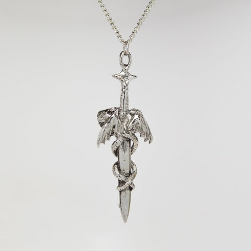 Dragons Wrapped Around Sword Medieval Renaissance Silver Finish Pendant Necklace...