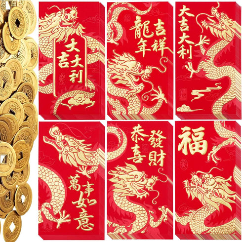 36 Pcs Chinese Red Envelopes Lucky Money Envelopes 2024 Chinese New Year Dragon Year Envelope and 60 Pieces Chinese Feng Shui Coins Good Luck Fort...
