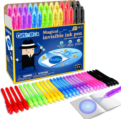 GIFTINBOX Invisible Ink Pen, 28PCS Spy Pen for Kids with UV Light Magic Marker for Secret Message, Birthday Party Favors for Kids, Classroom Prize...