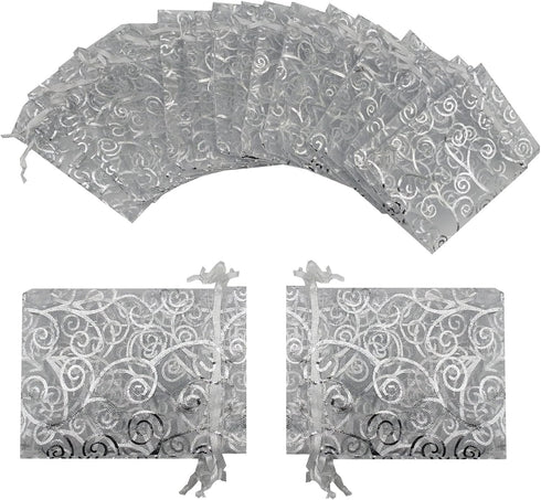 100pcs Sheer Organza Favor Bags For Wedding Baby Shower Rattan Print Gift Bags Samples Display Drawstring Pouches (5x7, silver)...