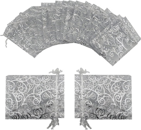 100pcs Sheer Organza Favor Bags For Wedding Baby Shower Rattan Print Gift Bags Samples Display Drawstring Pouches (3x4, silver)...
