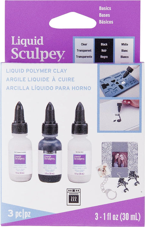 Polyform Liquid Sculpey Liquid Polymer Oven-Bake Clay, Classic Sampler Pack, Three 1 oz. bottles included, White, Black and Clear colors, Great fo...