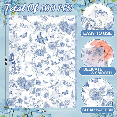 Whaline 100 Sheet Blue Floral Tissue Paper Chinoiserie Gift Wrapping Paper Blue Bird Butterfly Packaging Paper DIY Art Craft Paper for Baby Shower...