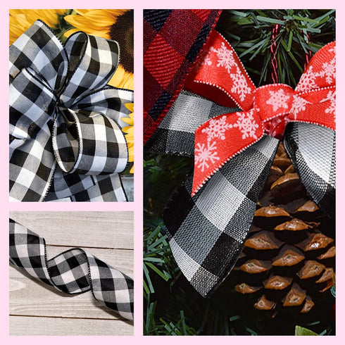 Morex Ribbon 7398.60/50-613 Cambridge 2.5" X 50 YD Wired Ribbon, Black and White, Buffalo Check Plaid Ribbon for Gift Wrapping, Christmas Decorati...