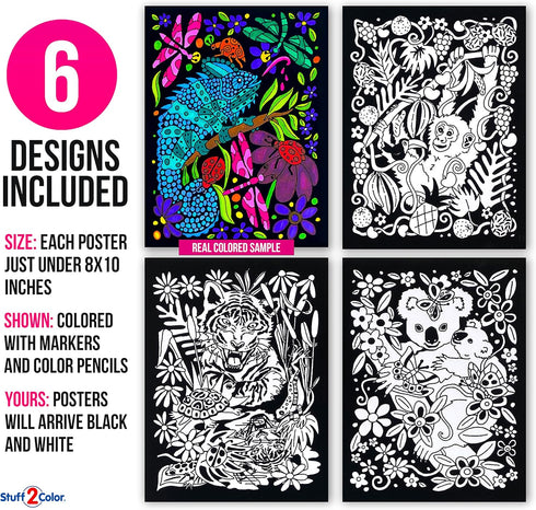 Koala, Gecko, Elephant,Monkey, Parrot, Tiger - 6 Fuzzy Velvet Posters to Color...