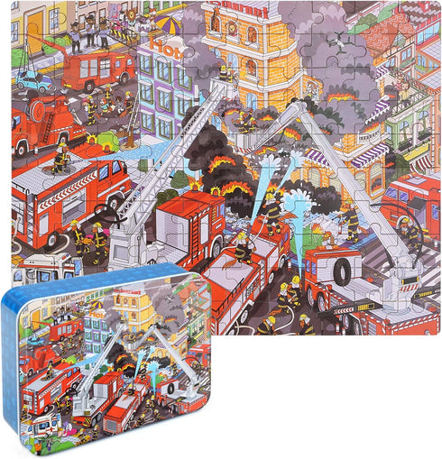 LELEMON Puzzles for Kids Ages 4-8,Fire Fighting 100 Piece Puzzles for Kids,Educational Kids Puzzles Jigsaw Puzzles in a Metal Box,Children 100 Pie...