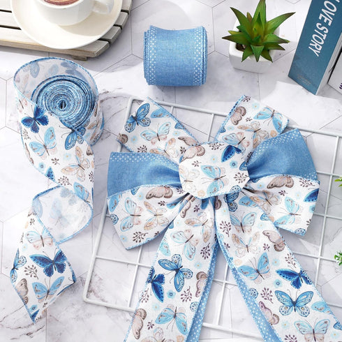AnyDesign Spring Wired Edge Ribbon Butterfly Craft Ribbon Blue Fabric Ribbon for Wreath Bow Making DIY Crafts Wrapping Party Decor Supplies, 2 Rol...