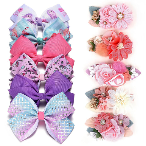 5 Inch Hair Bows for Girls Boutique Ribbon Artificial Floral Hair Bow Clips Hair Accessory for Girls 11pcs...
