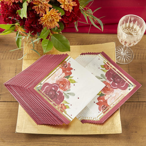 Kate Aspen Burgundy Blush Floral Paper Napkins, Thick Decorative Dinner Napkins, Luncheon Serveware, Perfect for Wedding Reception Or Bridal Showe...