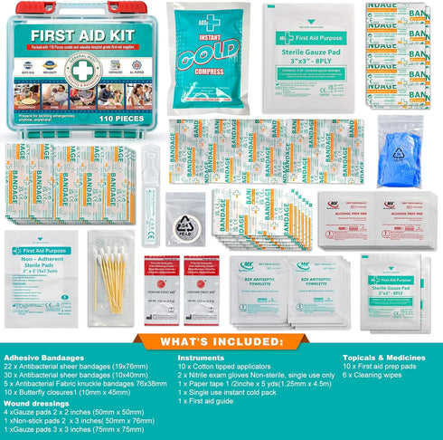 General Medi 110 Pieces Small First Aid Kit - HardCase First Aid Box - Contains Premium Medical Supplies for Travel, Home, Office, Vehicle, Campin...