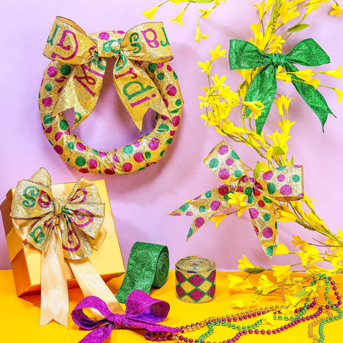 6 Rolls 30 Yards Mardi Gras Wired Edge Ribbon Purple Gold and Green Stripe Ribbon Glitter Metallic Wrapping Ribbon for Mardi Gras Masquerade Party...