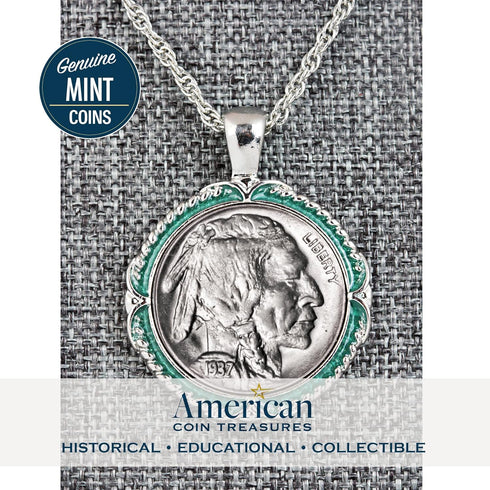 American Coin Treasures Buffalo Nickel Coin Pendant Necklace with Green Enamel | Silvertone 24" Rope Chain for Men & Women | Lobster Claw Clasp | ...