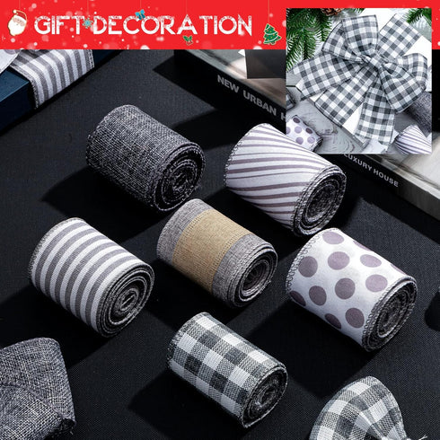 6 Rolls 30 Yards Farmhouse Wired Ribbon 2.5 inch Candy Cane Striped Polka Dot Buffalo Plaid Craft Ribbon for Wreaths Party Decorations(Gray)...