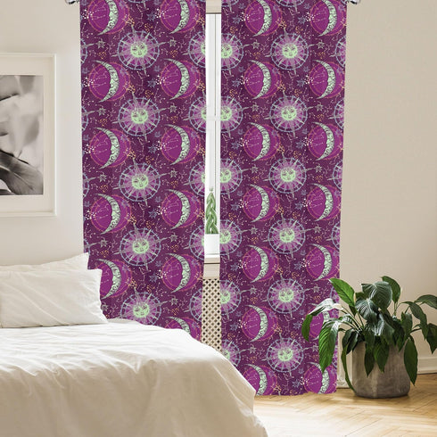Lunarable Sun and Moon Window Curtains, Celestial Fantasy Composition with Constellations on Purple Backdrop, Lightweight Decor 2-Panel Set with R...