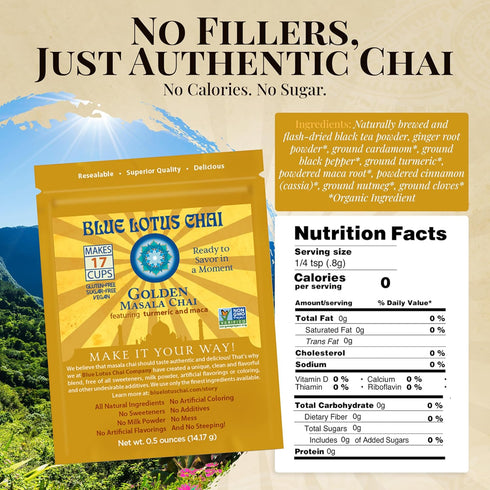 Blue Lotus Chai - Golden Masala Flavor Chai - Makes 17 Cups - 0.5 Ounce Masala Spiced Chai Powder with Organic Spices - Instant Indian Tea No Stee...