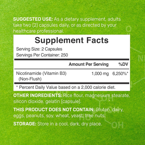 Vitamin B3 Nicotinamide 1,000mg Per Serving – 500 Capsules, Flush Free Niacin, Essential B3 – Supports Healthy Skin & Energy Production – Non-GMO...